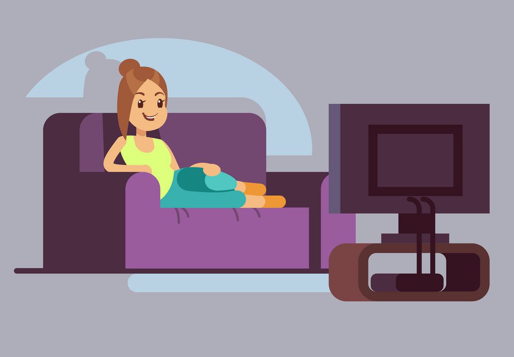 happy young woman watching tv and lying on sofa vector 19252312 e1623604422623