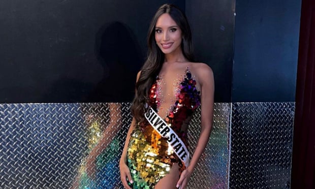Kataluna Enriquez wins Miss Nevada USA in the rainbow gown she designed. Photograph: Kataluna Enriquez