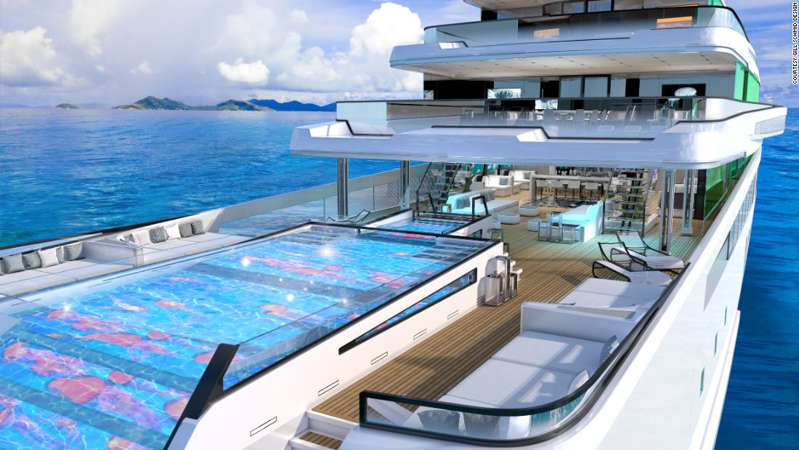The notion of a hybrid superyacht with five pools and an outside cinema
