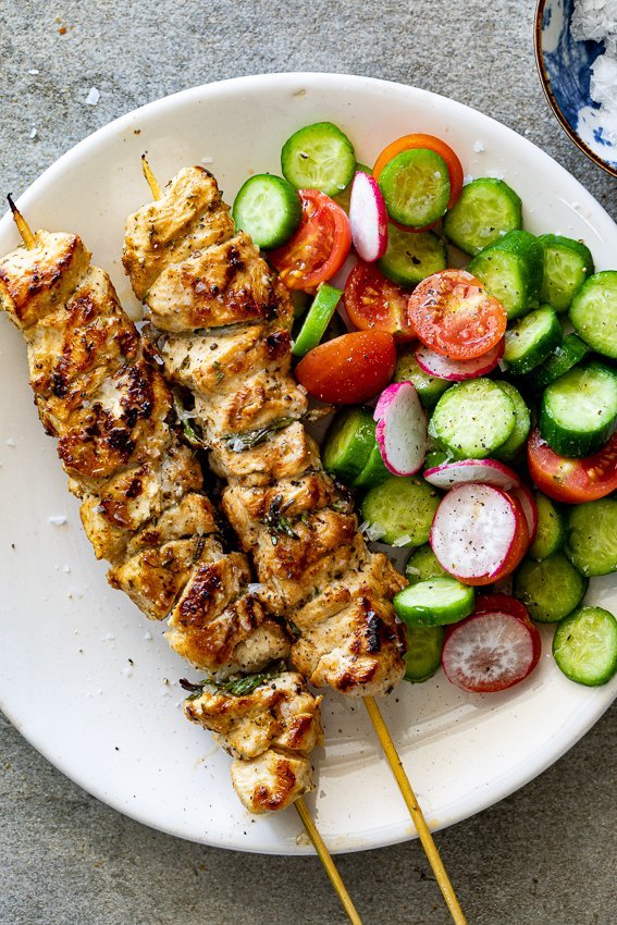 Salad of Squash and Lemon Chicken Skewers - Photo by Alida Ryder